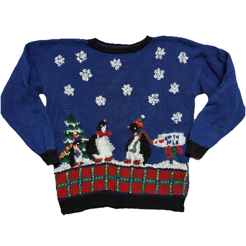 Vintage 90s Erika Christmas Sweater Penguins‎ Blue M Medium Knit Grandma Cottage